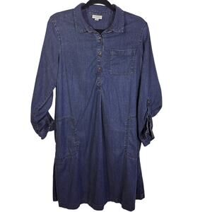 J Jill Denim Shirt Dress Blue Chambray Button Front Pockets Casual Medium